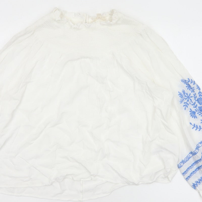 Marks and Spencer Women White Blue Floral Embroidered Blouse UK 16
