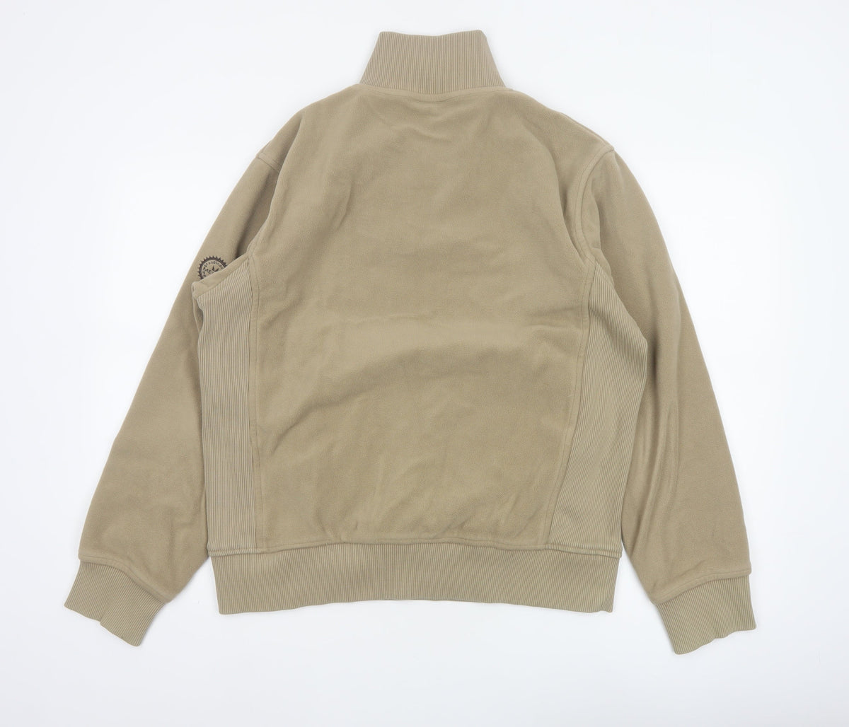 Back view of Melka Men's Beige M Quarter Zip Fleece Sweatshirt High Neck Pockets