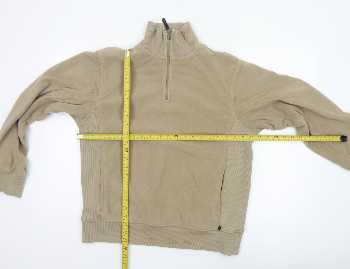 Close-up detail of Melka Men's Beige M Quarter Zip Fleece Sweatshirt High Neck Pockets