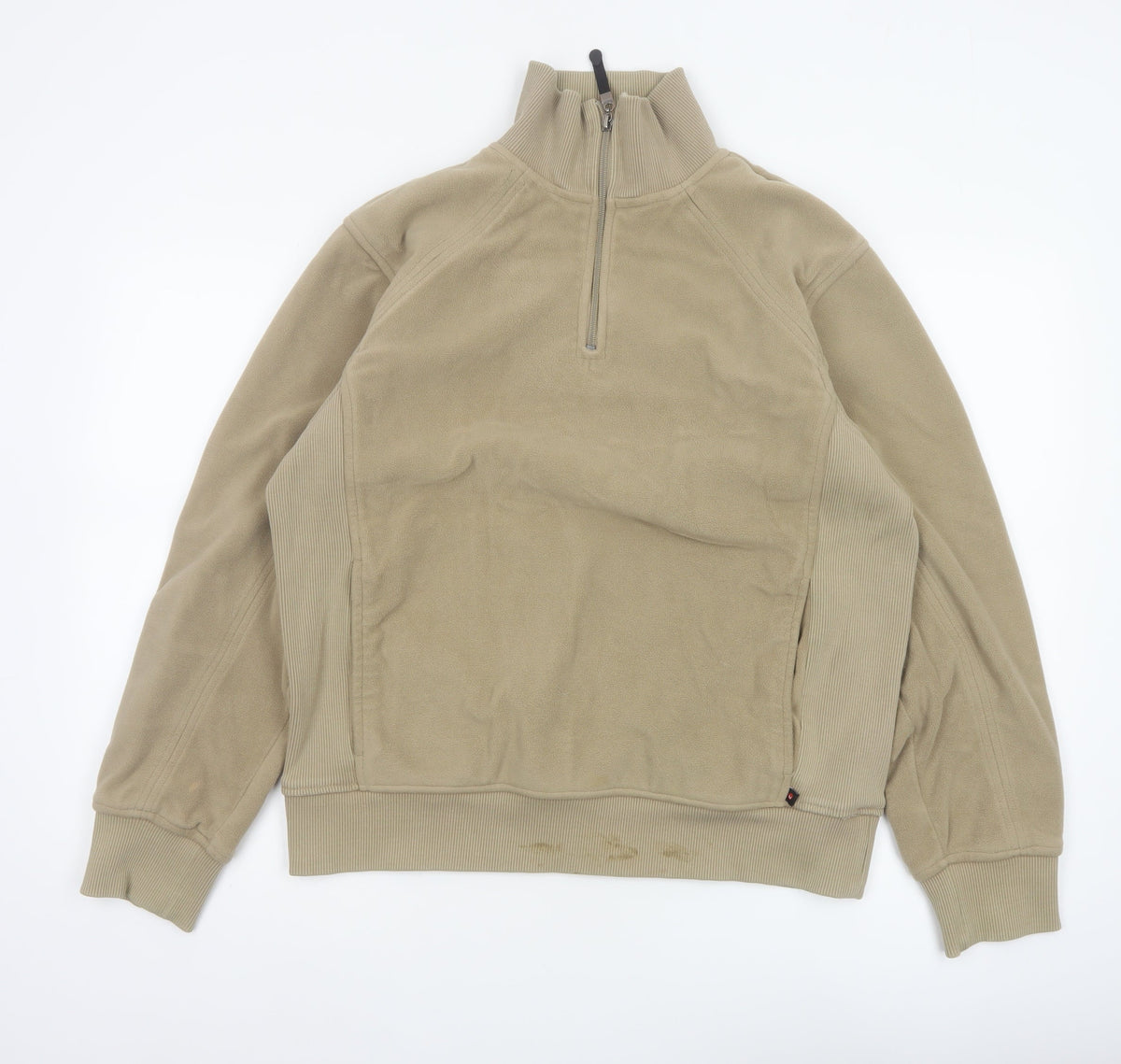 Brand and care label for Melka Men's Beige M Quarter Zip Fleece Sweatshirt High Neck Pockets