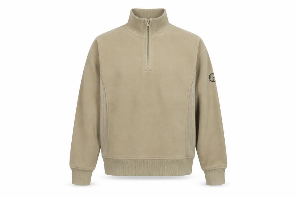 Front view of Melka Men's Beige M Quarter Zip Fleece Sweatshirt High Neck Pockets