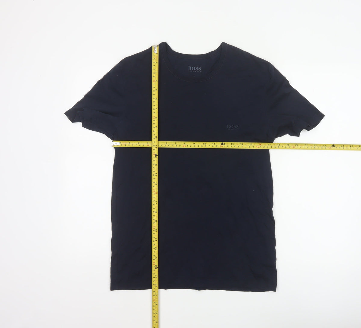 Close-up detail of BOSS Hugo Boss Men's Blue M Logo Crew Neck Cotton T-Shirt