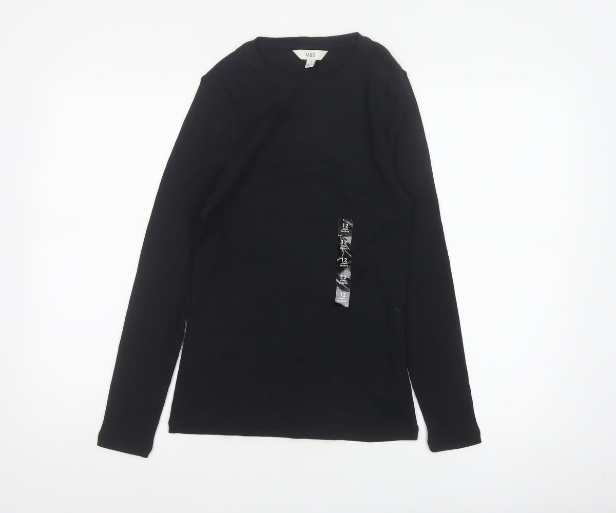 Marks and Spencer Women Black Size 12 Slim Ribbed Long Sleeve T-Shirt