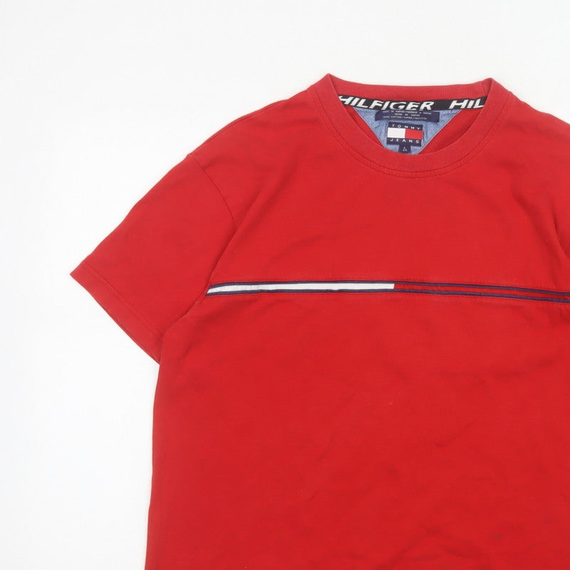 Tommy Jeans Men’s Red L Cotton Colourblock Stripe Crew Neck T-Shirt