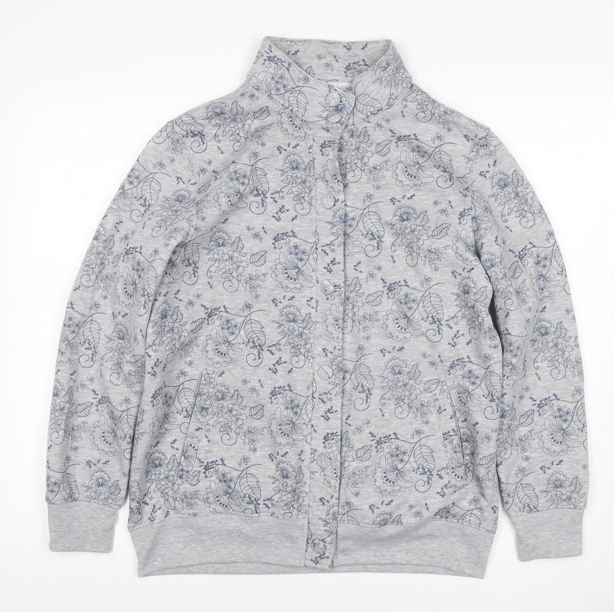 Damart Women Grey Floral Fleece Button Cardigan Sweatshirt L
