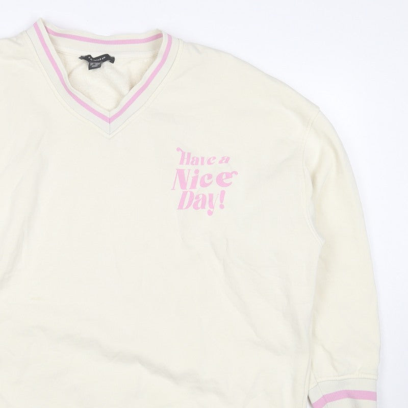 Primark Women’s Ivory L Pullover Sweatshirt Pink Slogan V-Neck