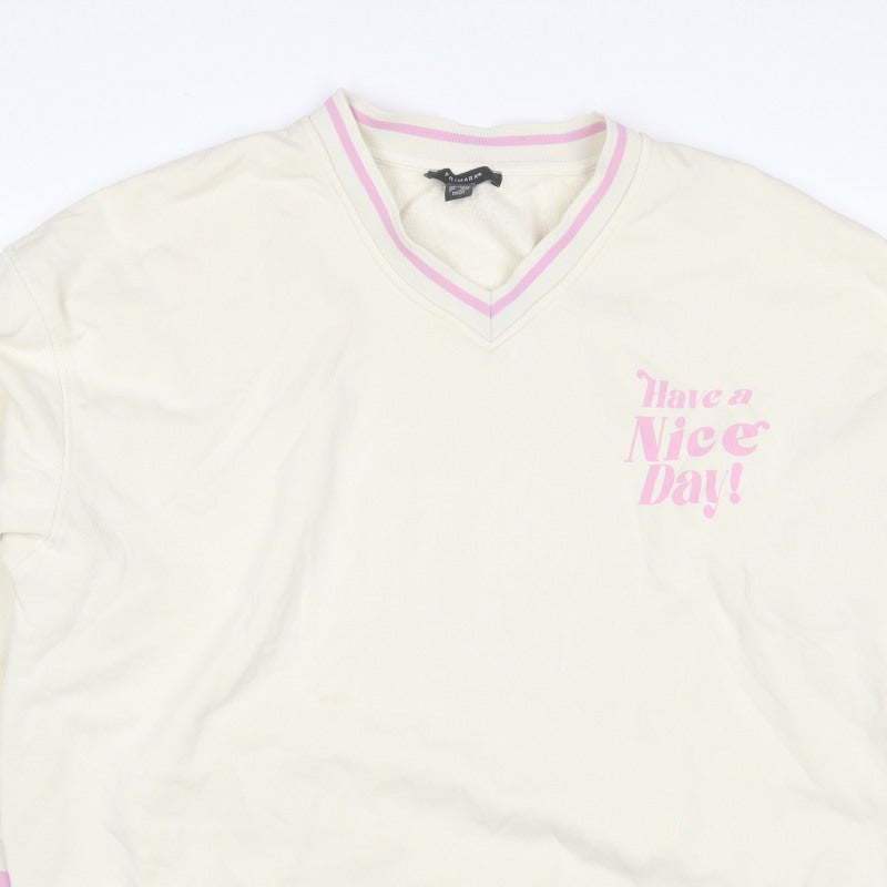 Primark Women’s Ivory L Pullover Sweatshirt Pink Slogan V-Neck