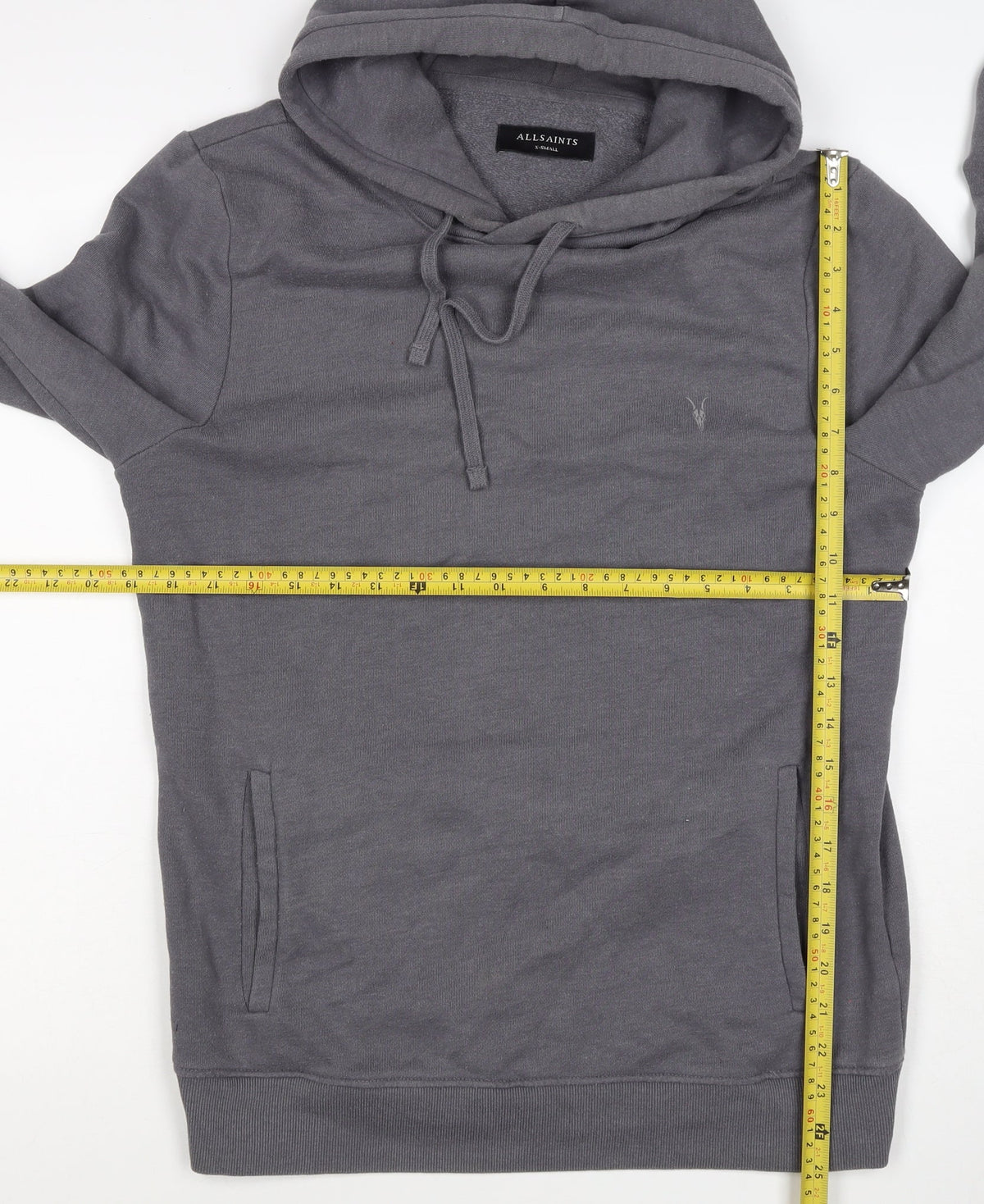 AllSaints Men’s Grey XS Pullover Hoodie Embroidered Logo Pockets