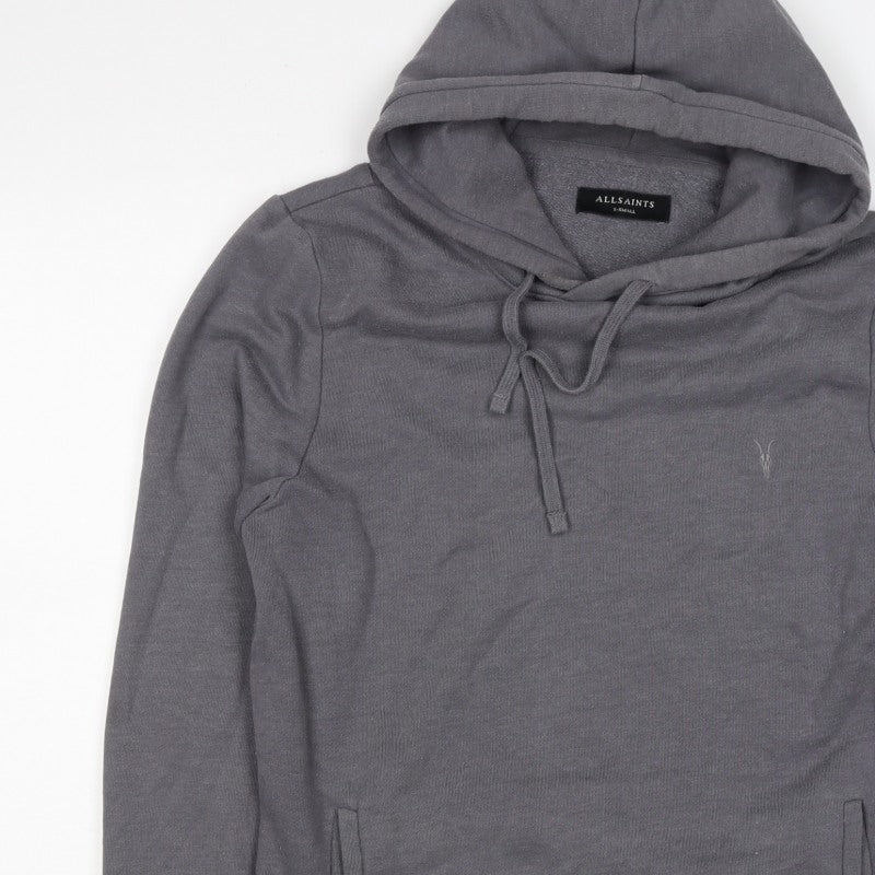 AllSaints Men’s Grey XS Pullover Hoodie Embroidered Logo Pockets