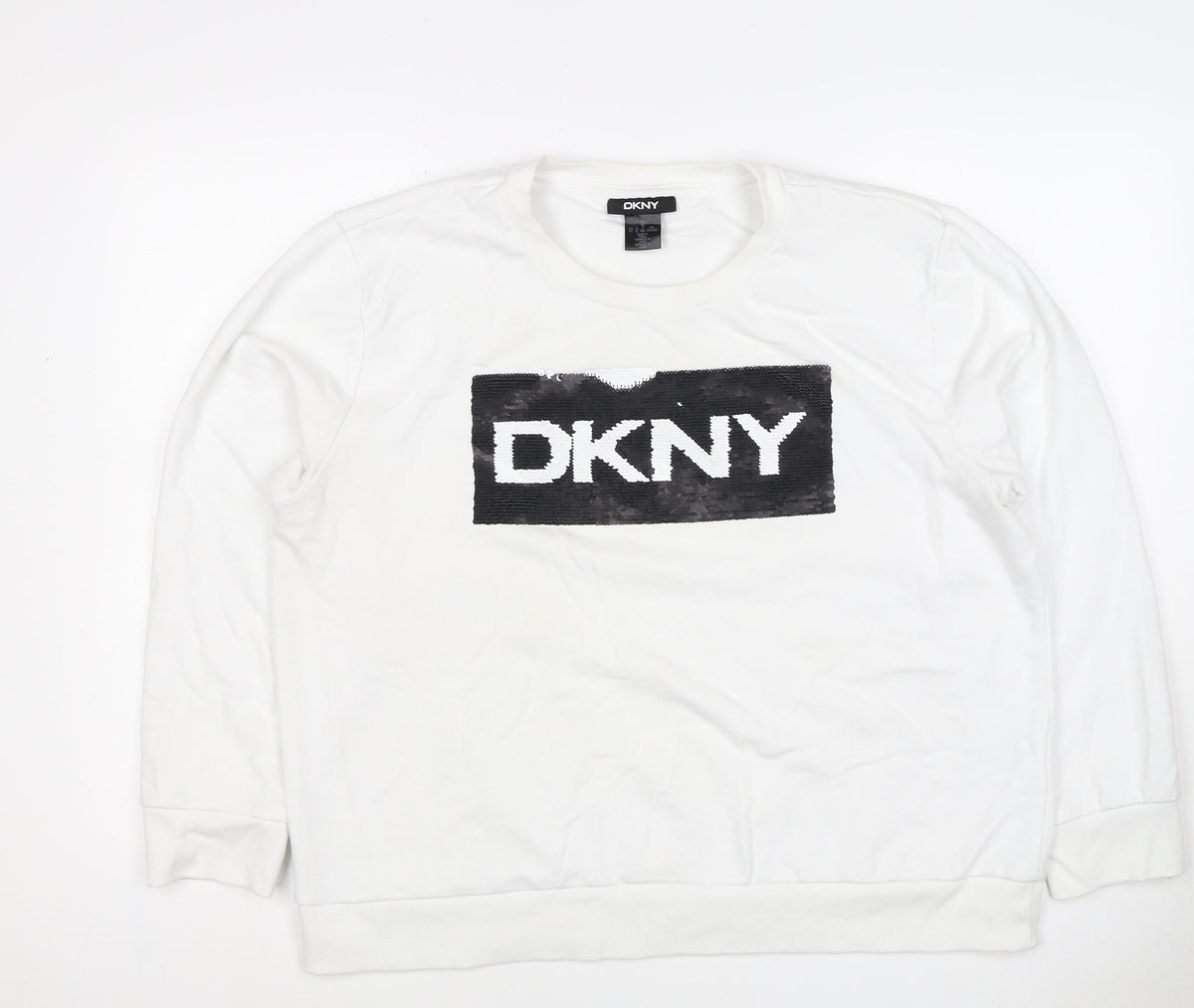 DKNY Women White XL Pullover Sweatshirt Sequin Logo Crew Neck