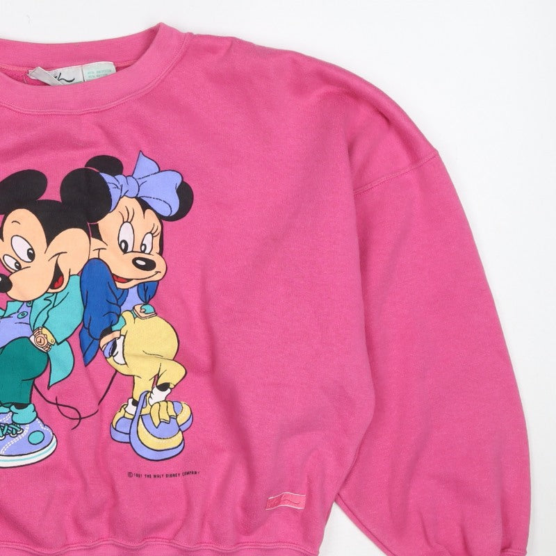 Disney Women Pink M Vintage 90s Mickey & Minnie Pullover Sweatshirt