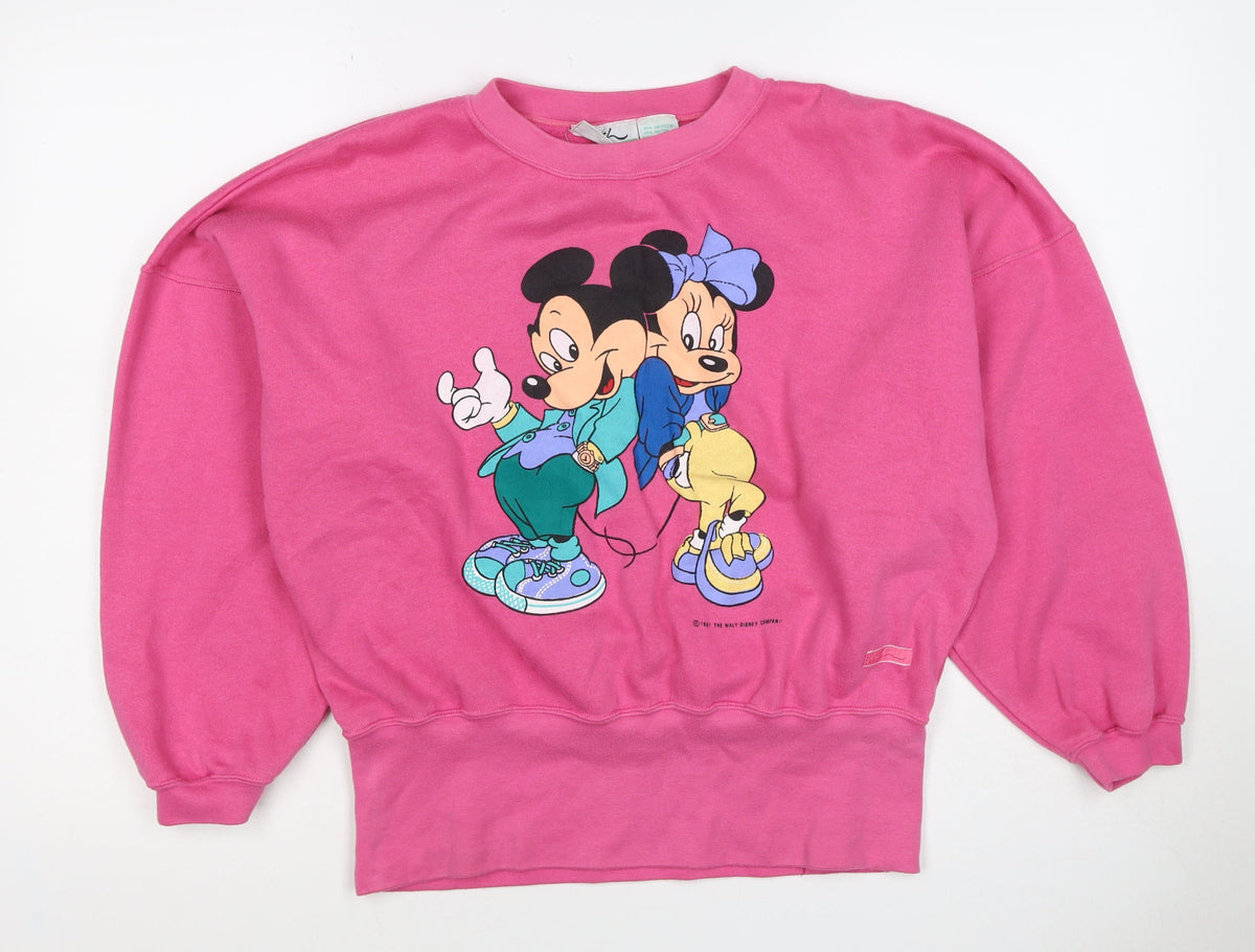 Disney Women Pink M Vintage 90s Mickey & Minnie Pullover Sweatshirt