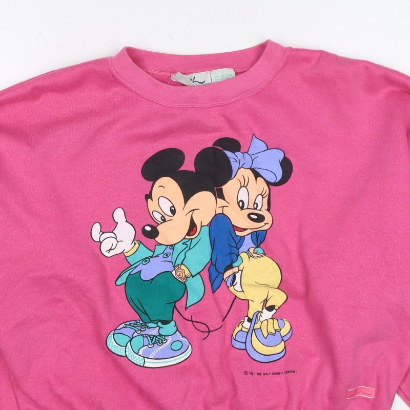 Disney Women Pink M Vintage 90s Mickey & Minnie Pullover Sweatshirt