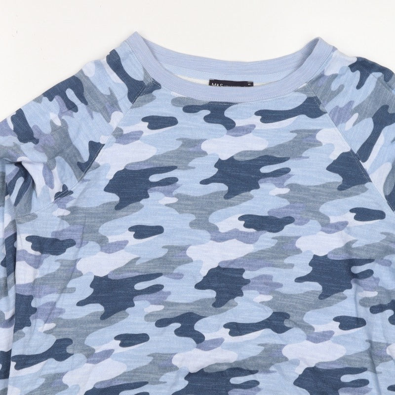 M&S Collection Women's Blue Camo Crew Neck Pullover Sweatshirt UK 14