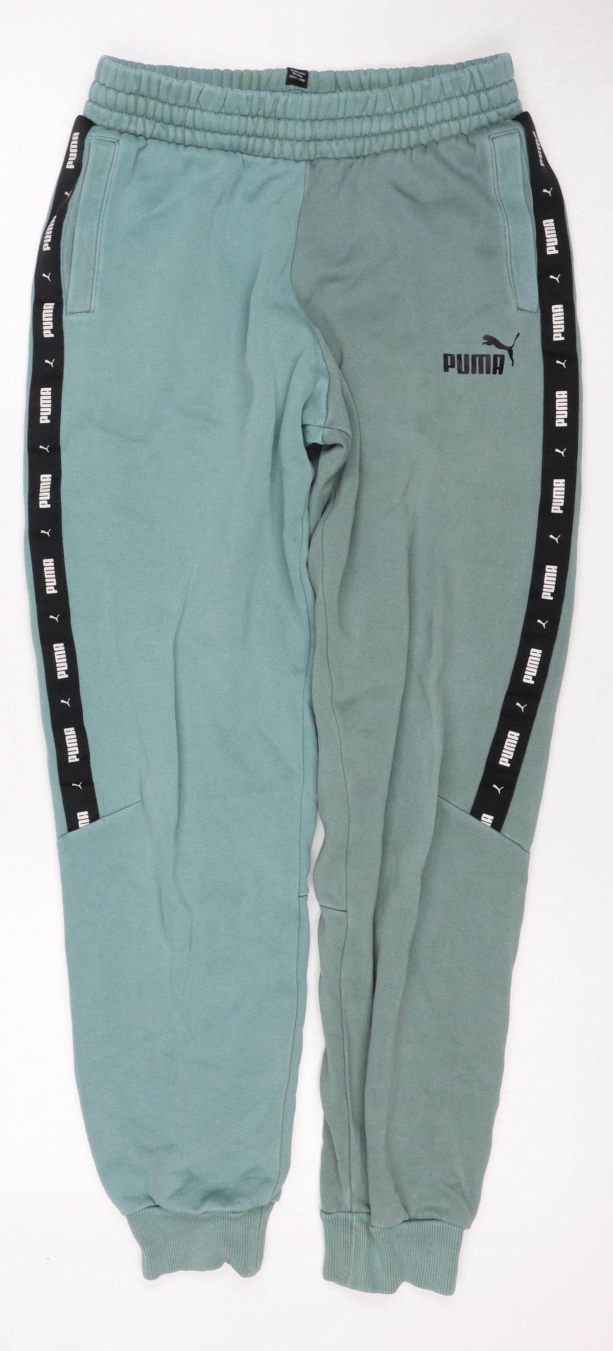 Puma Boys Green Track Pants 13-14 Years Cotton Blend Logo Tape Joggers