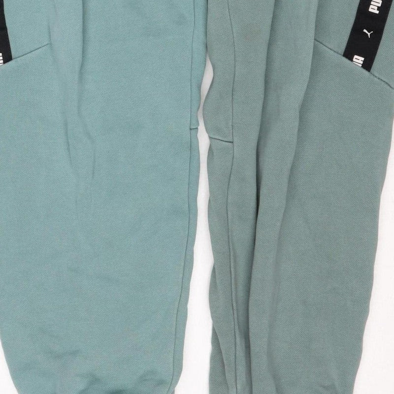 Puma Boys Green Track Pants 13-14 Years Cotton Blend Logo Tape Joggers