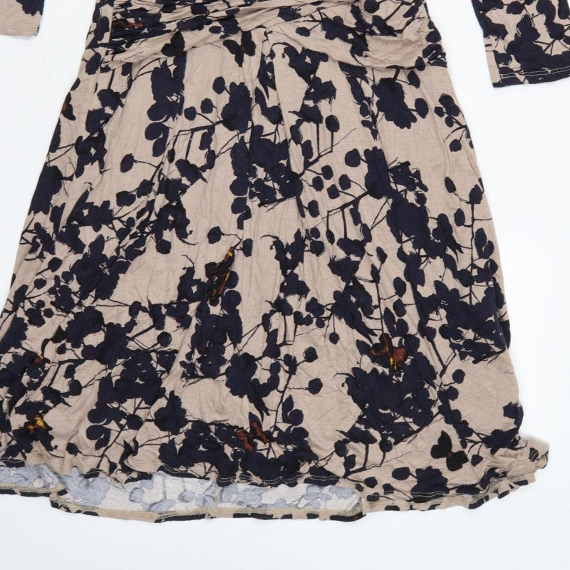 Betty Jackson Black Women Beige Floral Fit & Flare Dress UK 14 V-Neck