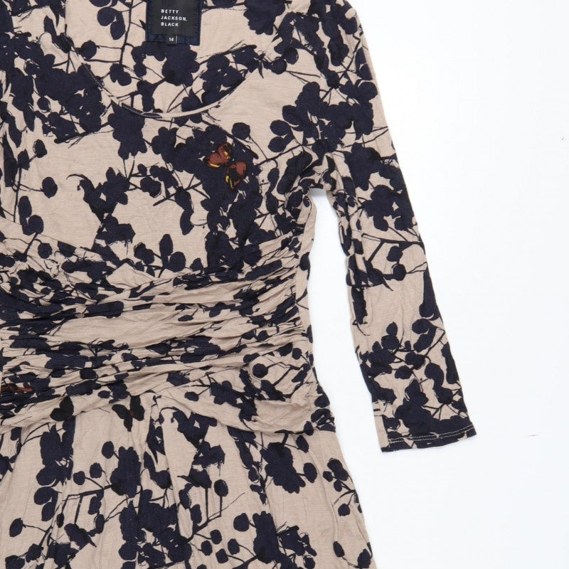 Betty Jackson Black Women Beige Floral Fit & Flare Dress UK 14 V-Neck