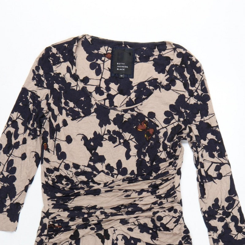 Betty Jackson Black Women Beige Floral Fit & Flare Dress UK 14 V-Neck