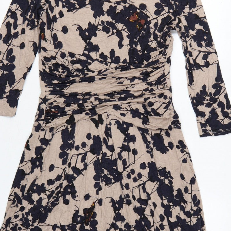Betty Jackson Black Women Beige Floral Fit & Flare Dress UK 14 V-Neck