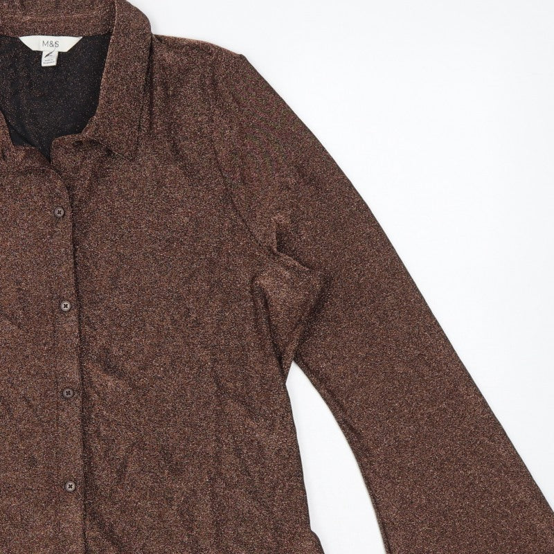 Marks and Spencer Women Brown Glitter Knit Button-Up Blouse UK 16