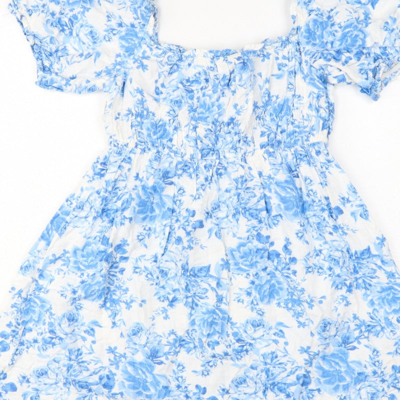 New Look Women Blue Floral Puff Sleeve Fit & Flare Dress UK 10