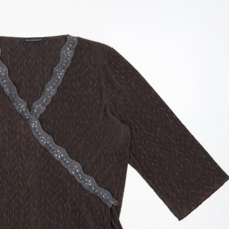 Windsmoor Women’s Brown M Wrap Blouse 3/4 Sleeve Beaded V-Neck
