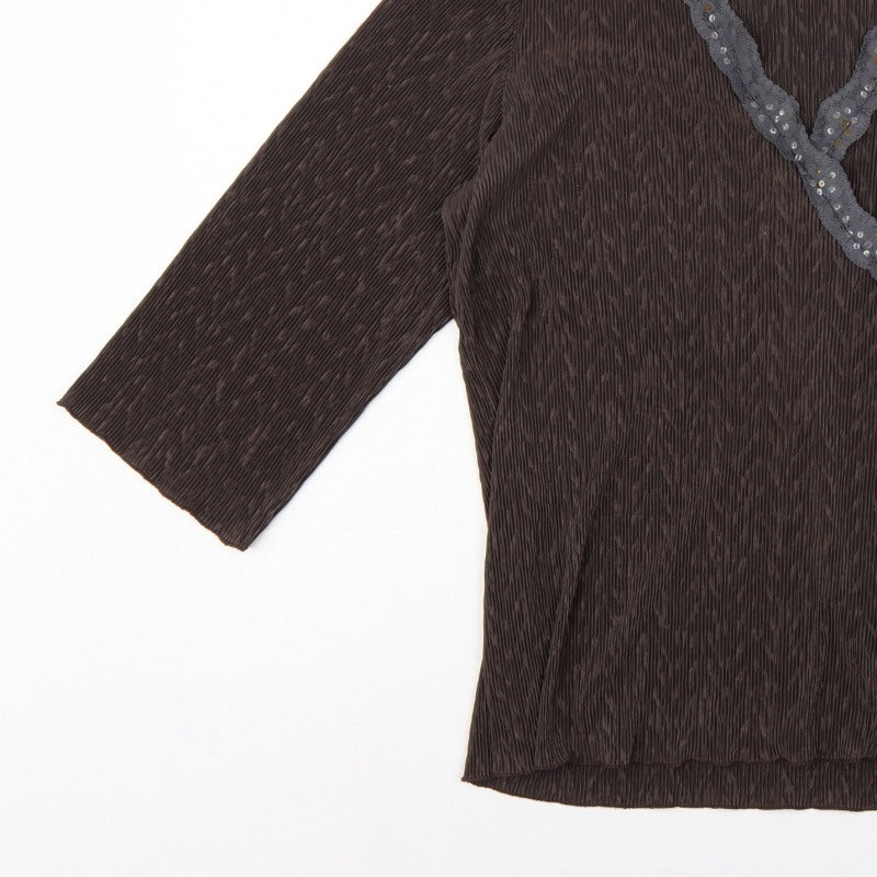 Windsmoor Women’s Brown M Wrap Blouse 3/4 Sleeve Beaded V-Neck