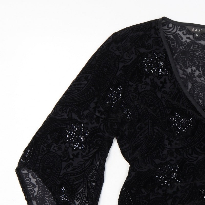 East Women Black UK 14 Beaded Silk Blend Paisley Wrap Blouse