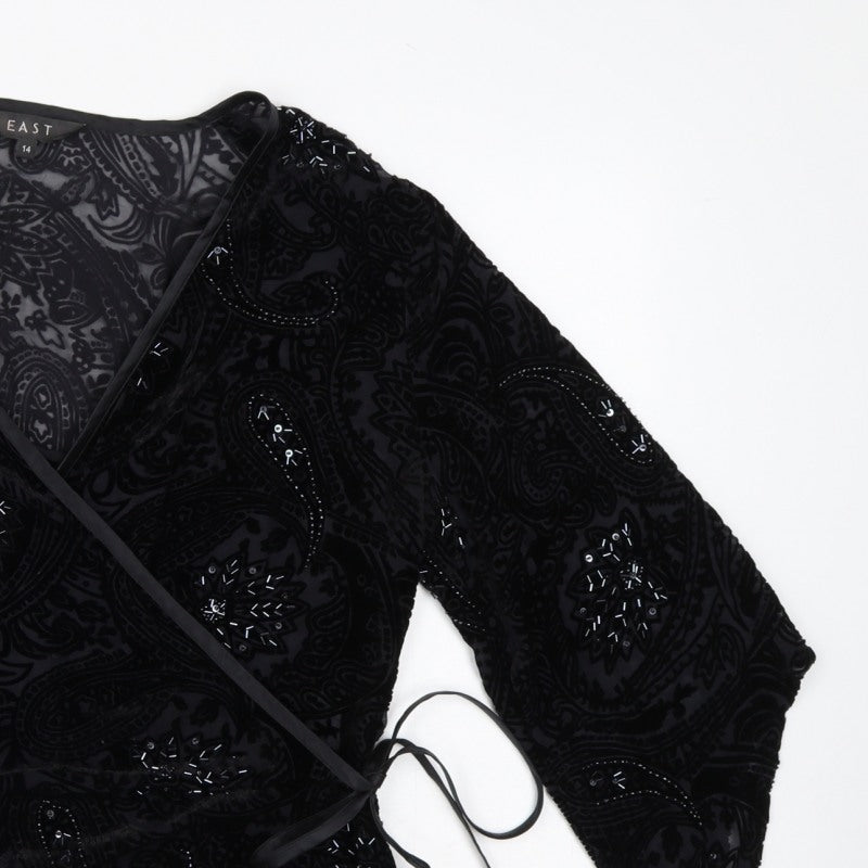 East Women Black UK 14 Beaded Silk Blend Paisley Wrap Blouse