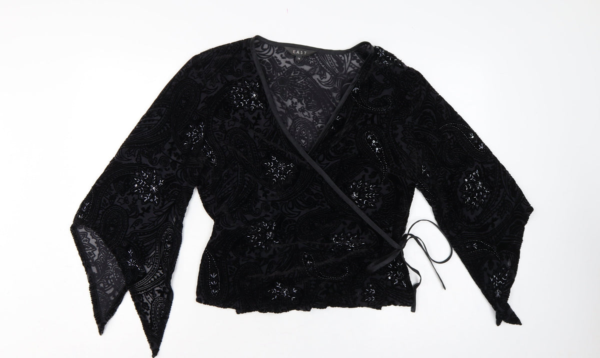 East Women Black UK 14 Beaded Silk Blend Paisley Wrap Blouse