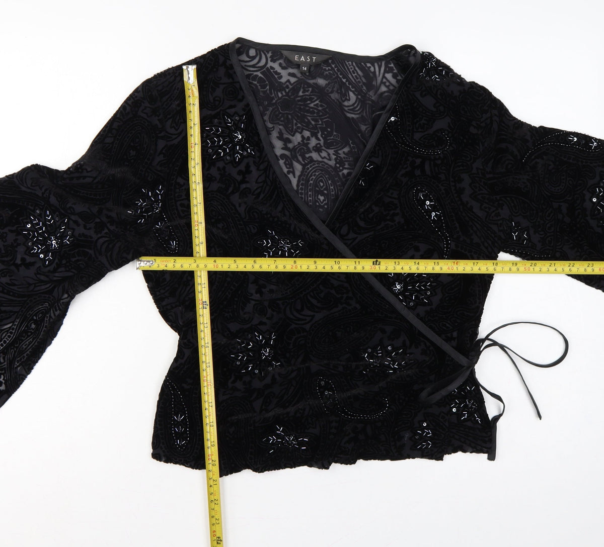 East Women Black UK 14 Beaded Silk Blend Paisley Wrap Blouse