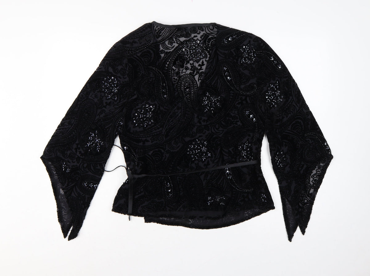 East Women Black UK 14 Beaded Silk Blend Paisley Wrap Blouse