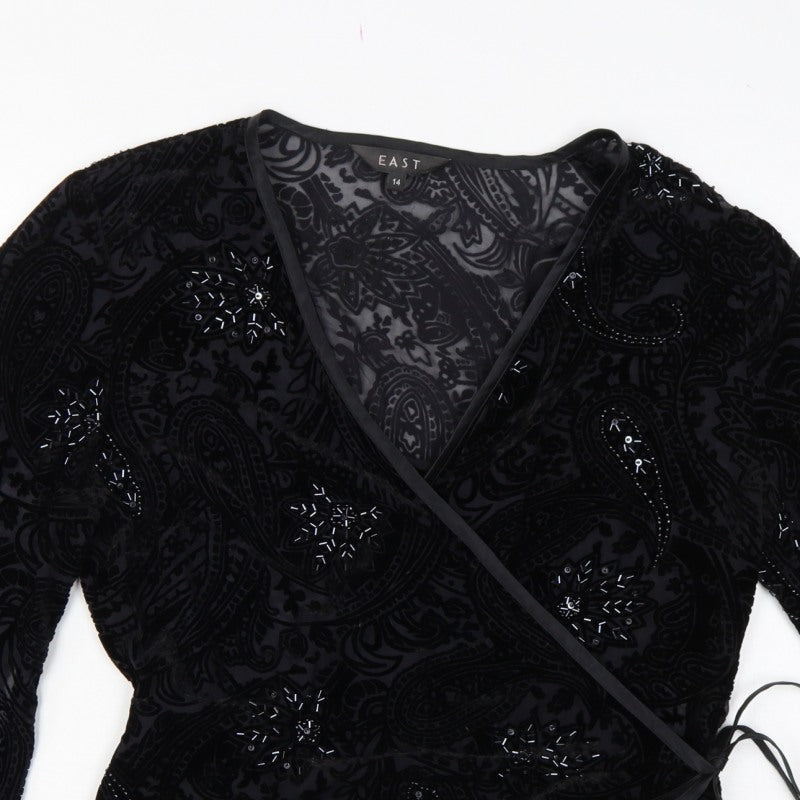 East Women Black UK 14 Beaded Silk Blend Paisley Wrap Blouse