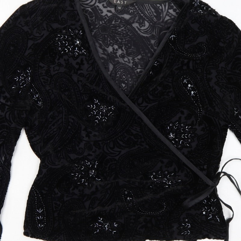 East Women Black UK 14 Beaded Silk Blend Paisley Wrap Blouse