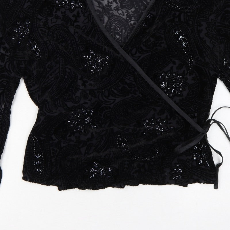 East Women Black UK 14 Beaded Silk Blend Paisley Wrap Blouse