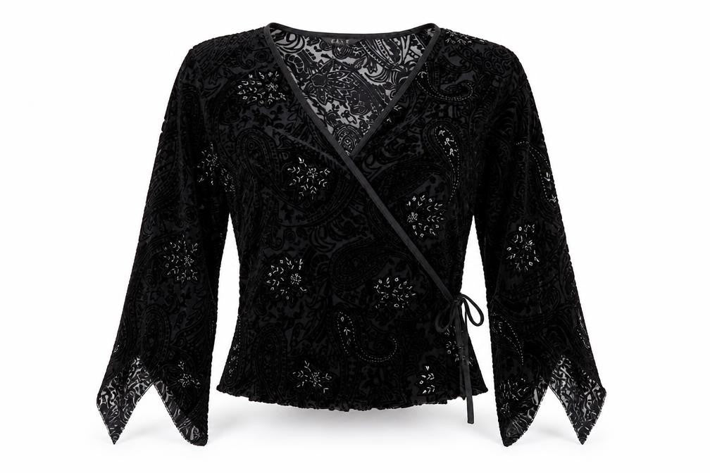 East Women Black UK 14 Beaded Silk Blend Paisley Wrap Blouse