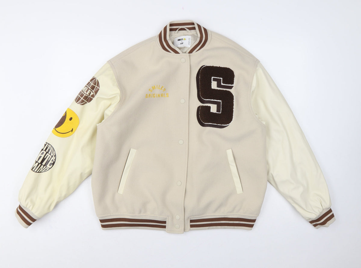 H&M Smiley Women Beige S Varsity Bomber Jacket Snap Padded