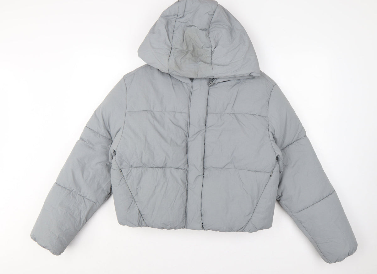 Zara Women Grey S Hooded Puffer Jacket Short Quilted Zip Pockets
