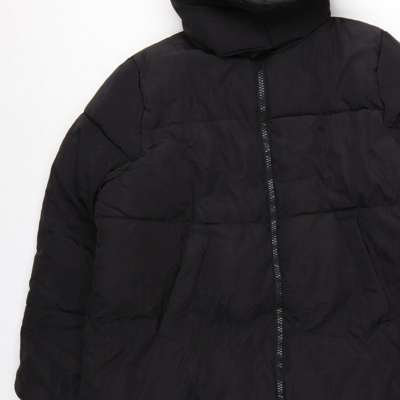 H&M Women Black M Long Puffer Coat Hooded Quilted Winter Jacket