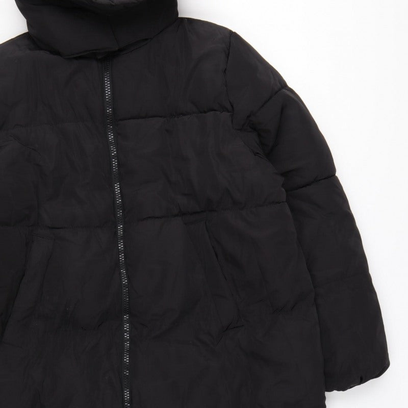 H&M Women Black M Long Puffer Coat Hooded Quilted Winter Jacket