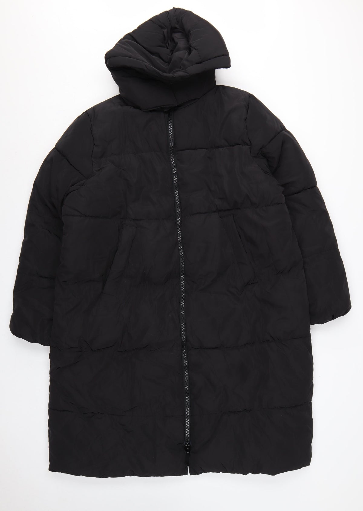 H&M Women Black M Long Puffer Coat Hooded Quilted Winter Jacket