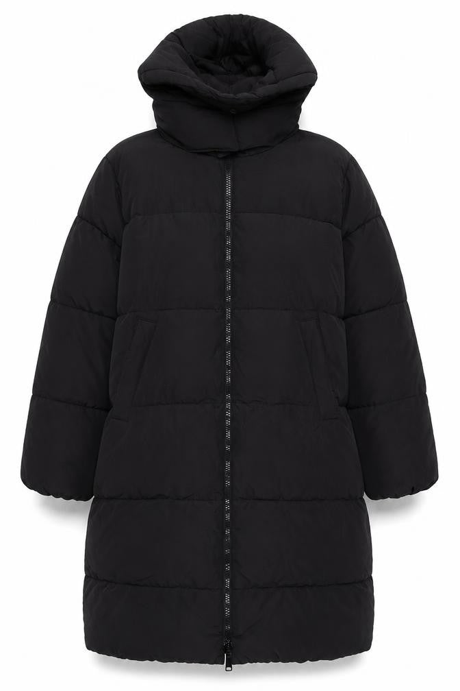 H&M Women Black M Long Puffer Coat Hooded Quilted Winter Jacket
