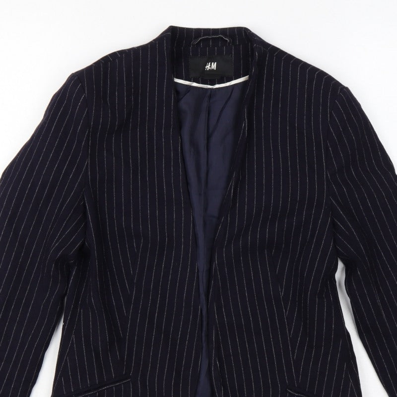 H&M Women Blue Pinstripe Blazer UK 6 Slim Fit Lined Workwear