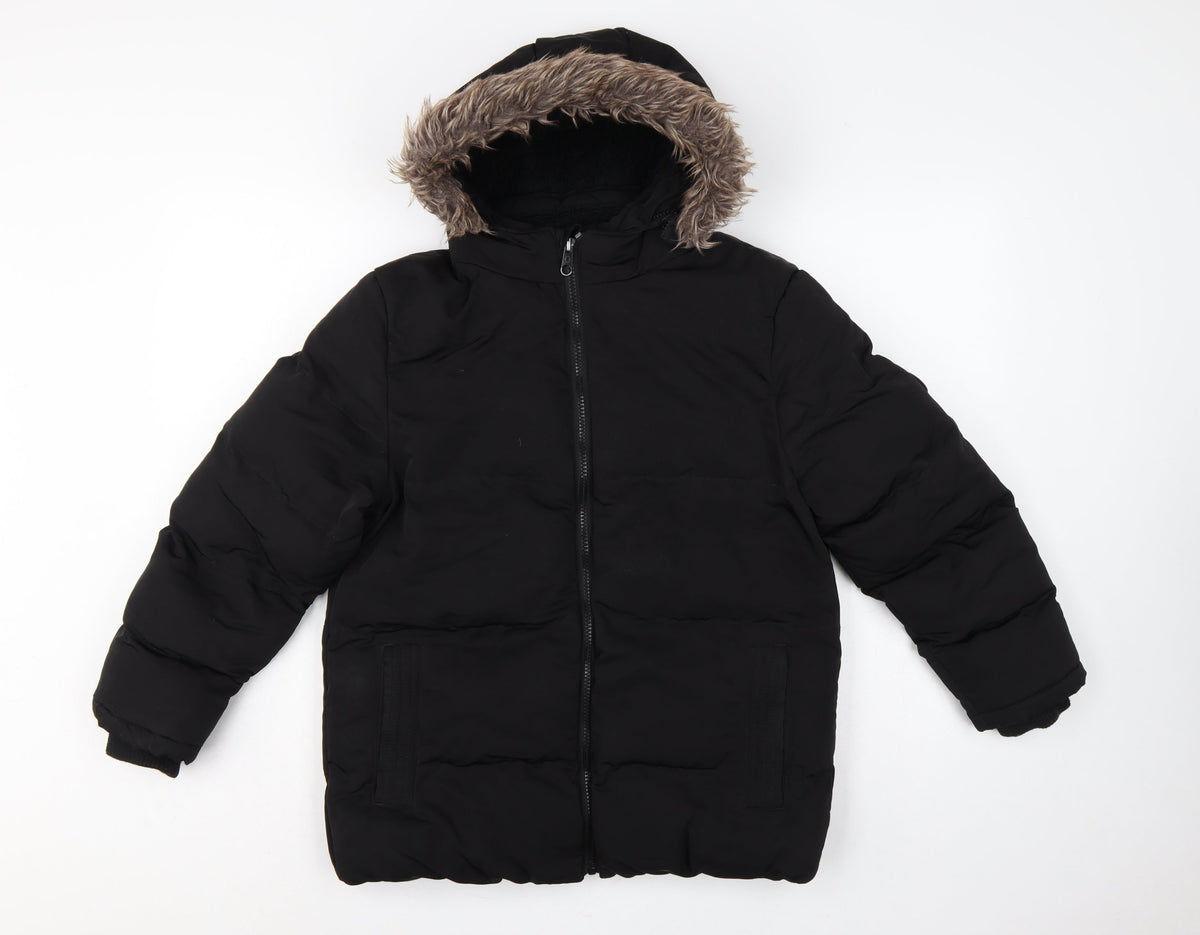 SoulCal & Co Boys Black 13 Years Puffer Parka Faux Fur Hood