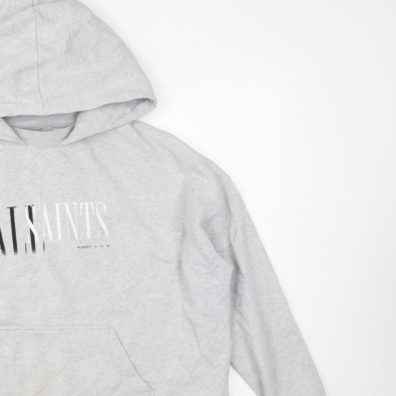 AllSaints Women’s Grey Medium Logo Pullover Hoodie Cotton Blend