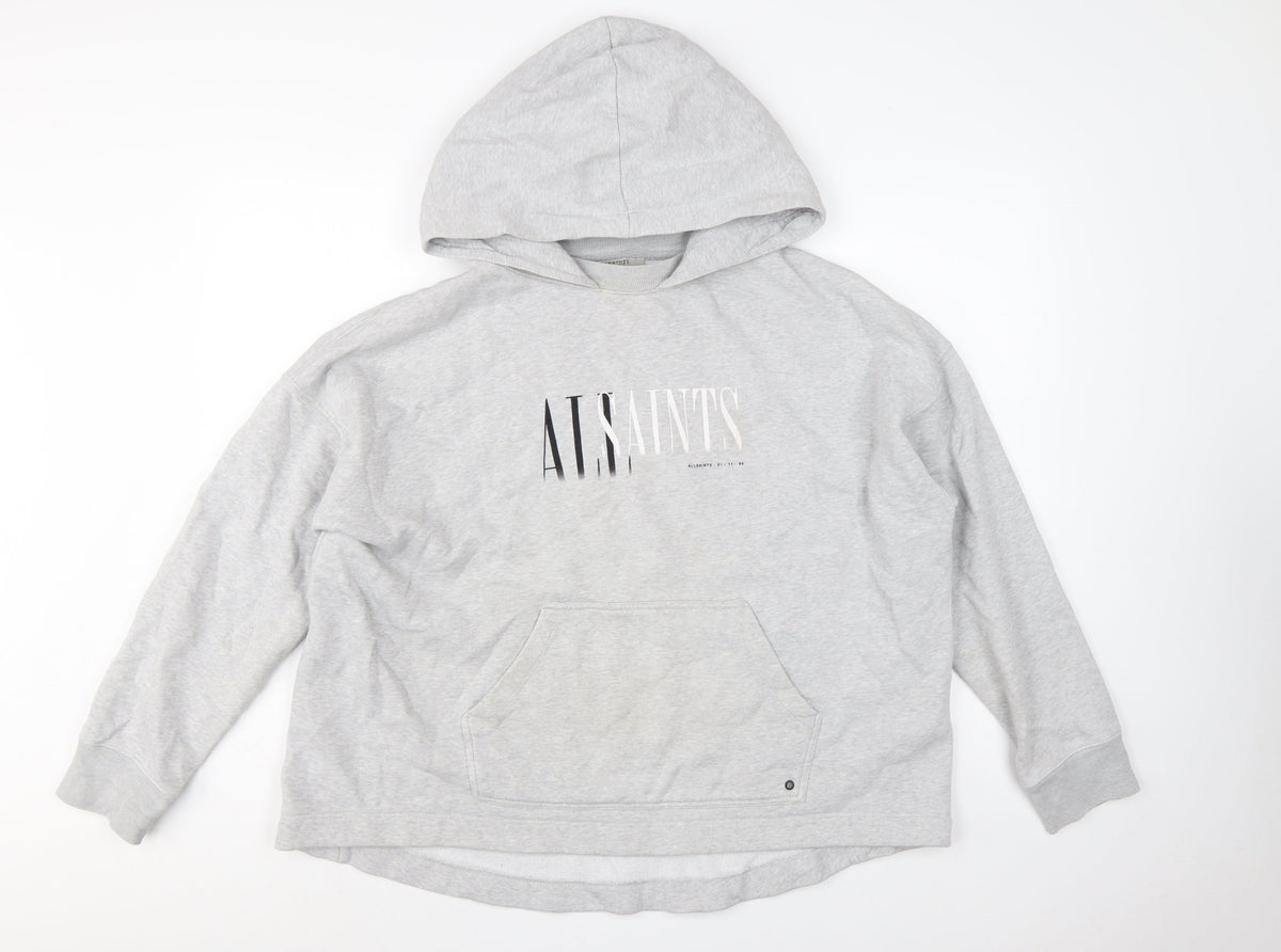 AllSaints Women’s Grey Medium Logo Pullover Hoodie Cotton Blend