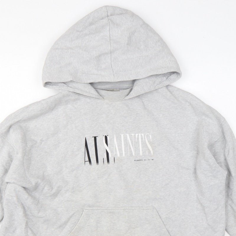 AllSaints Women’s Grey Medium Logo Pullover Hoodie Cotton Blend