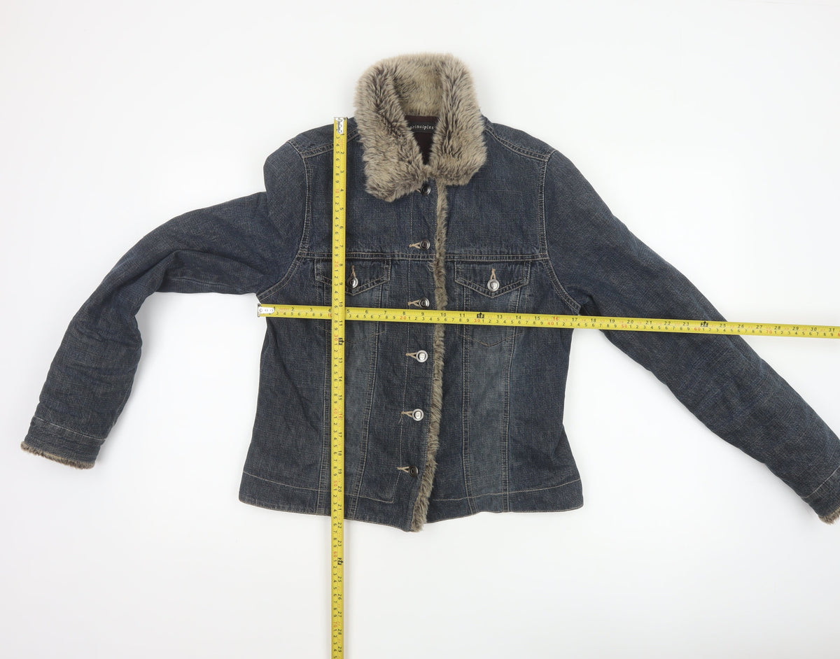 Principles Women Blue Cotton Faux Fur Trim Basic Jacket UK 12 Padded