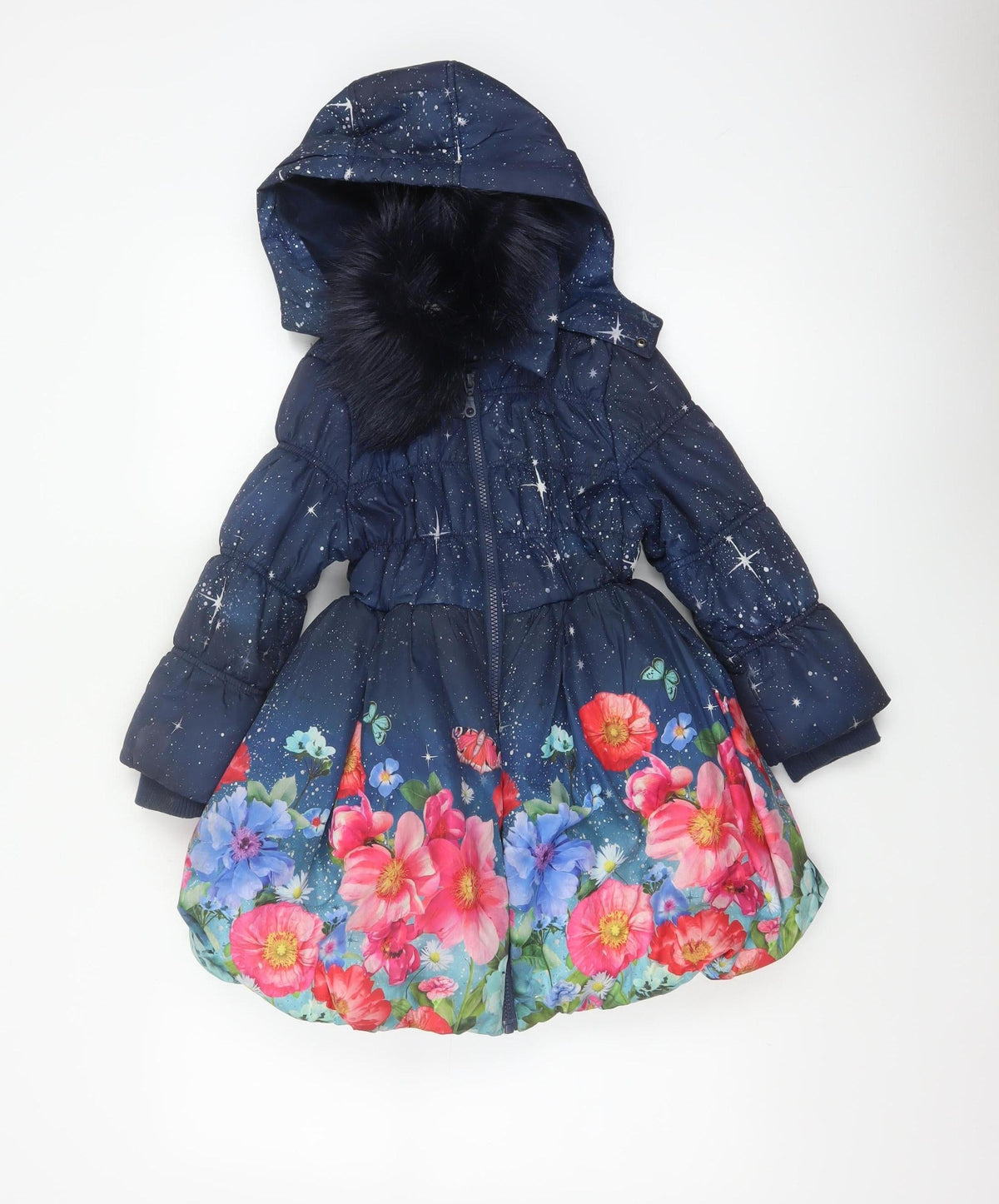 Monsoon Girls Blue 5-6 Years Floral Star Hooded Puffer Coat Faux Fur